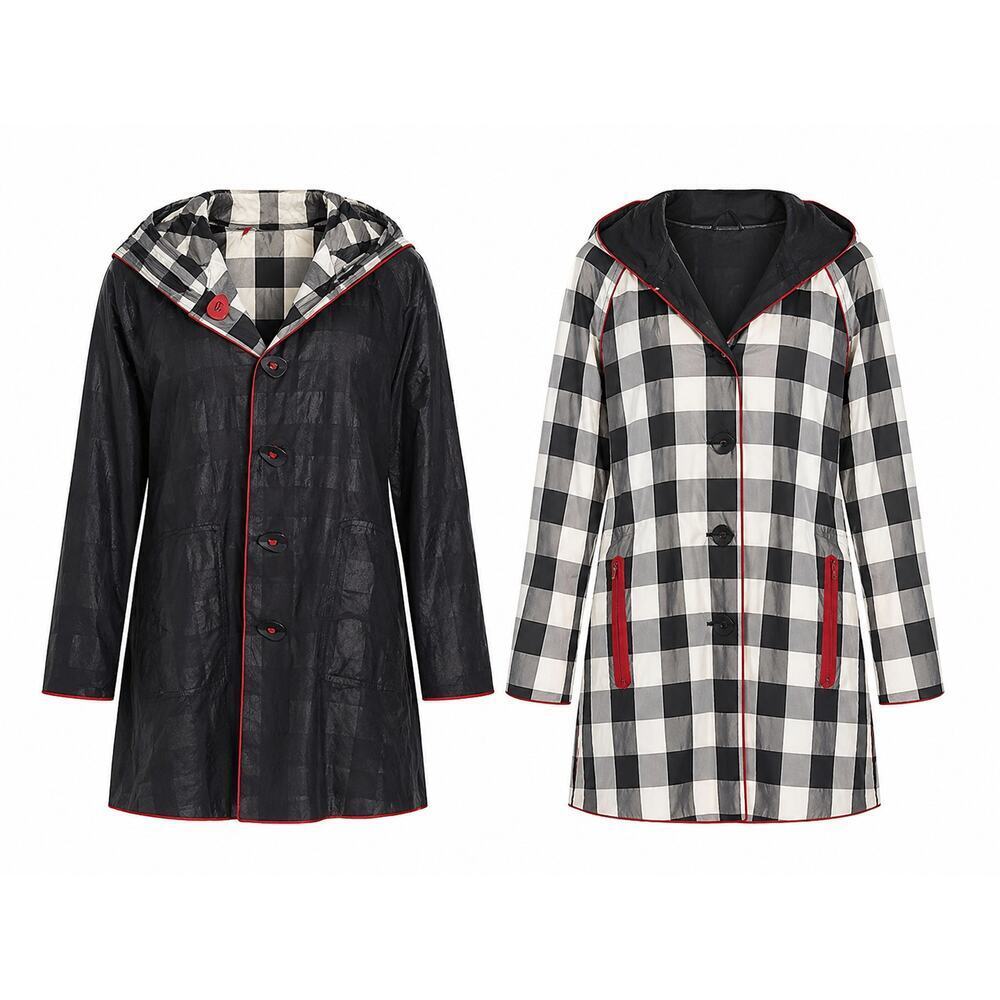 UBU reversible raincoat black and white gingham plaid / solid black S Lagenlook